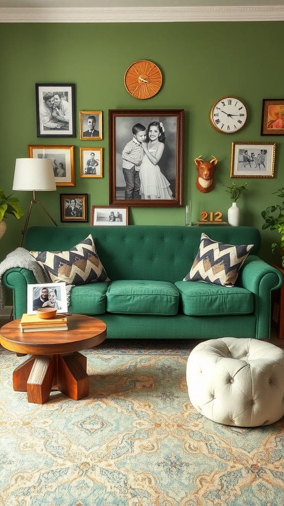 A stylish living room featuring a green couch, decorative pillows, a wooden coffee table, and a wall of framed photos.