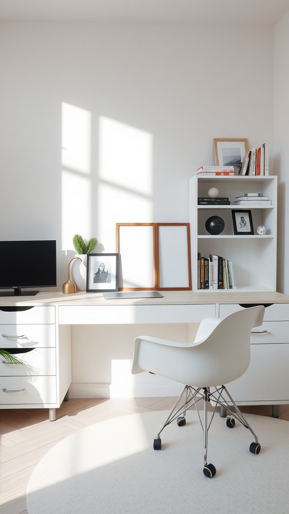 A bright and minimalist home office featuring a white desk and chair, a lamp, a bookshelf with books, and empty picture frames.