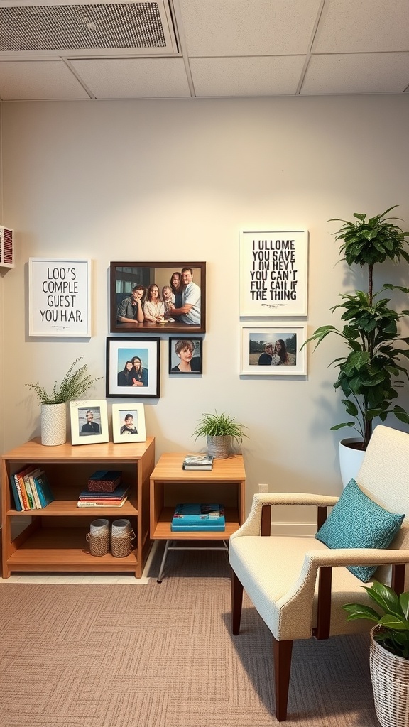 A therapy office with personal photos, inspirational quotes, plants, and comfortable seating.