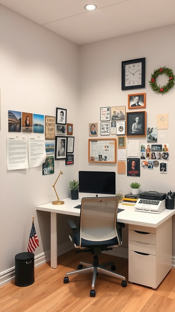 A personalized office space with a mix of wall decor, a desk setup, and plants.