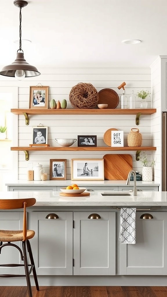 A modern farmhouse kitchen featuring open shelves with family photos, decorative items, and a cozy atmosphere.