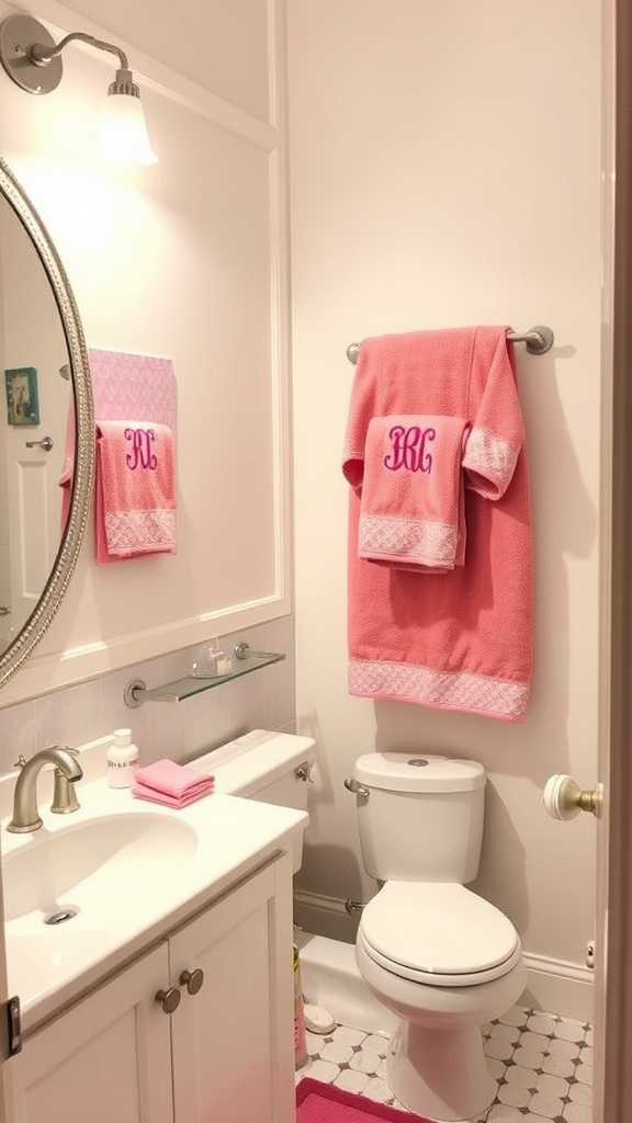 A pink-themed bathroom with personalized towels and decor.