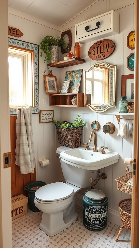 A cozy farmhouse bathroom with vintage decor, wooden shelves, plants, and a mirror.