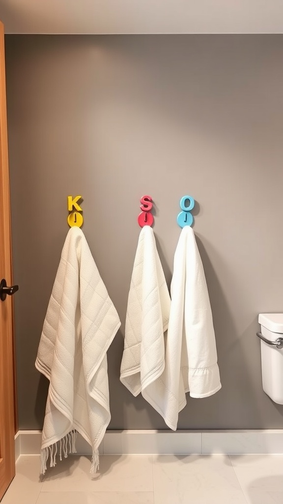 Colorful personalized towel hooks with white towels hanging in a kids' bathroom.