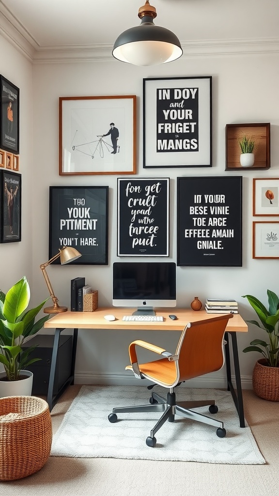 A modern home office featuring personalized wall art, a stylish desk, and plants, creating an inviting and inspiring workspace.