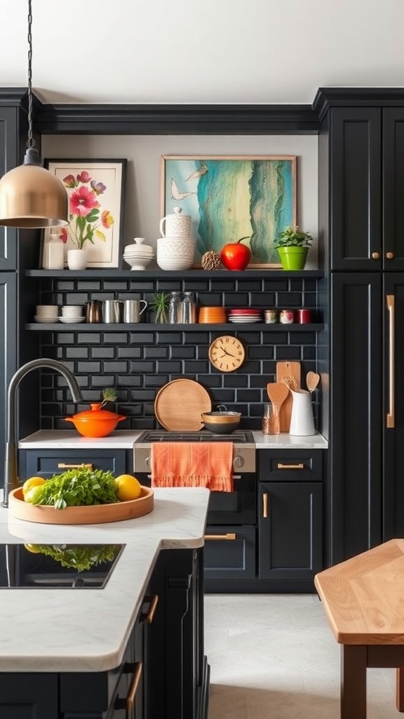 A stylish kitchen with black cabinets, colorful accessories, and artwork.