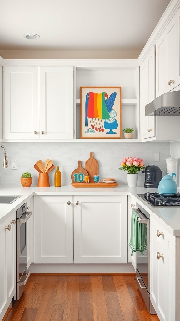 A bright kitchen featuring white cabinets with colorful accents like vases, artwork, and plants.