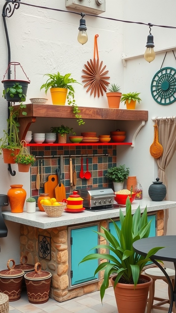 A vibrant small outdoor kitchen featuring colorful decor, plants, and a stone countertop.