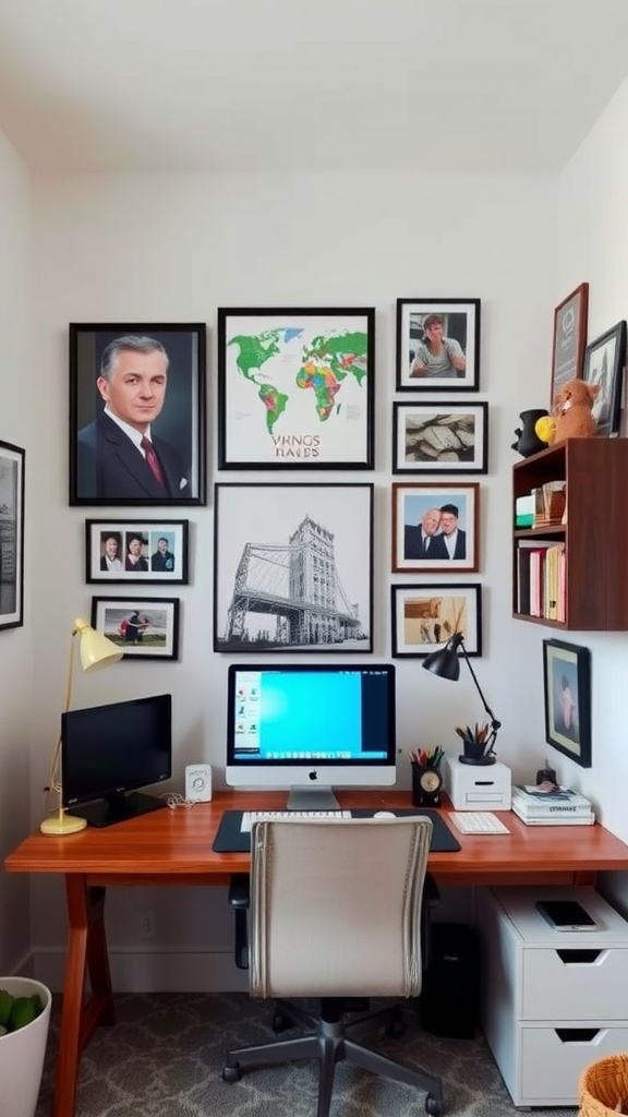 A small home office with a desk, computer, and various framed wall art including photographs and a world map.