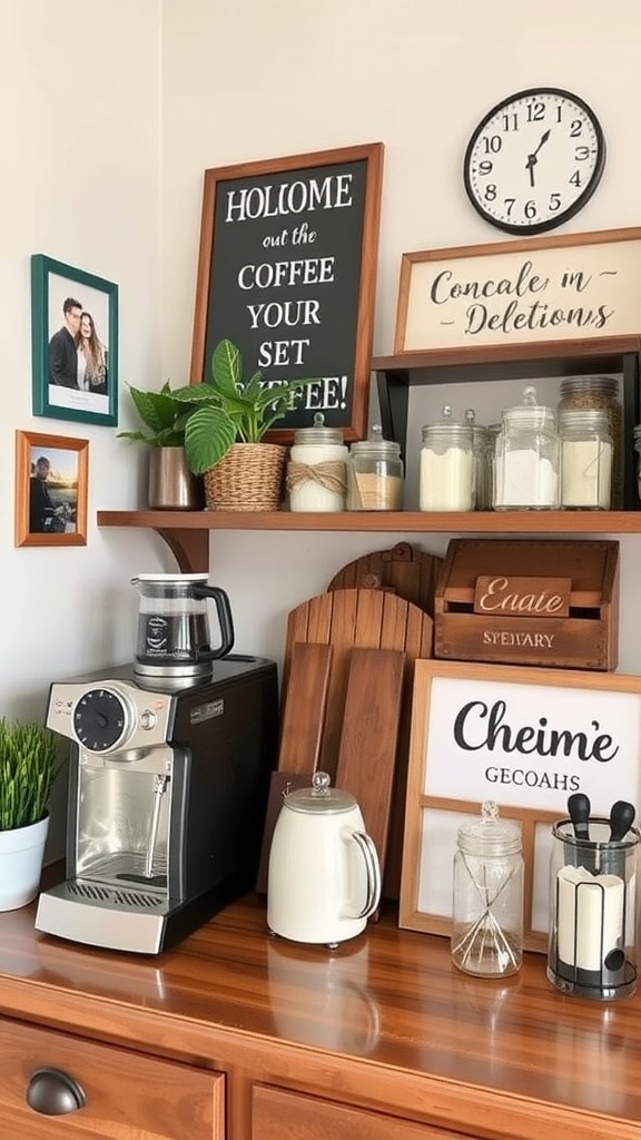 A cozy coffee station in a kitchen featuring a coffee maker, decorative signs, jars, and plants.
