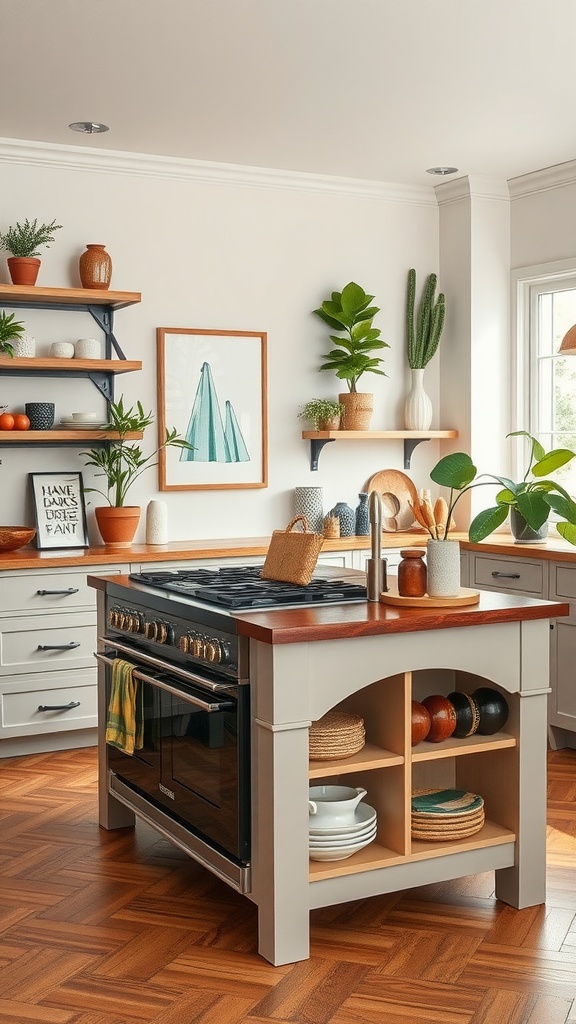 A kitchen island featuring a stove, surrounded by decorative plants and colorful bowls.