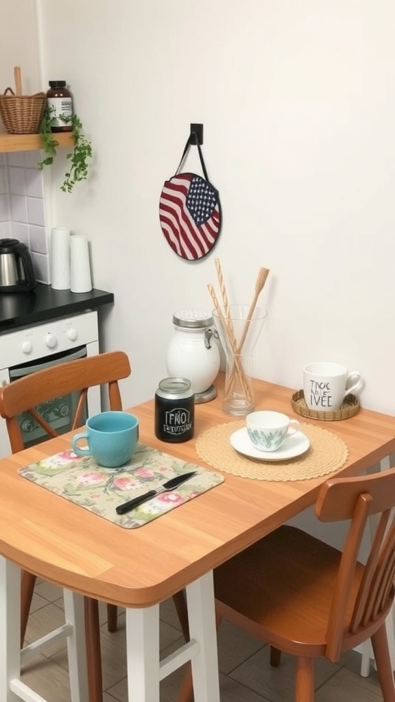 A small kitchen table set with a floral placemat, blue mug, white teacup, and decorative items.