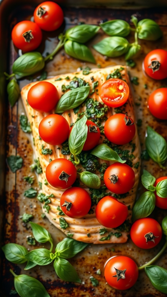 Pesto Baked Salmon with Cherry Tomatoes
