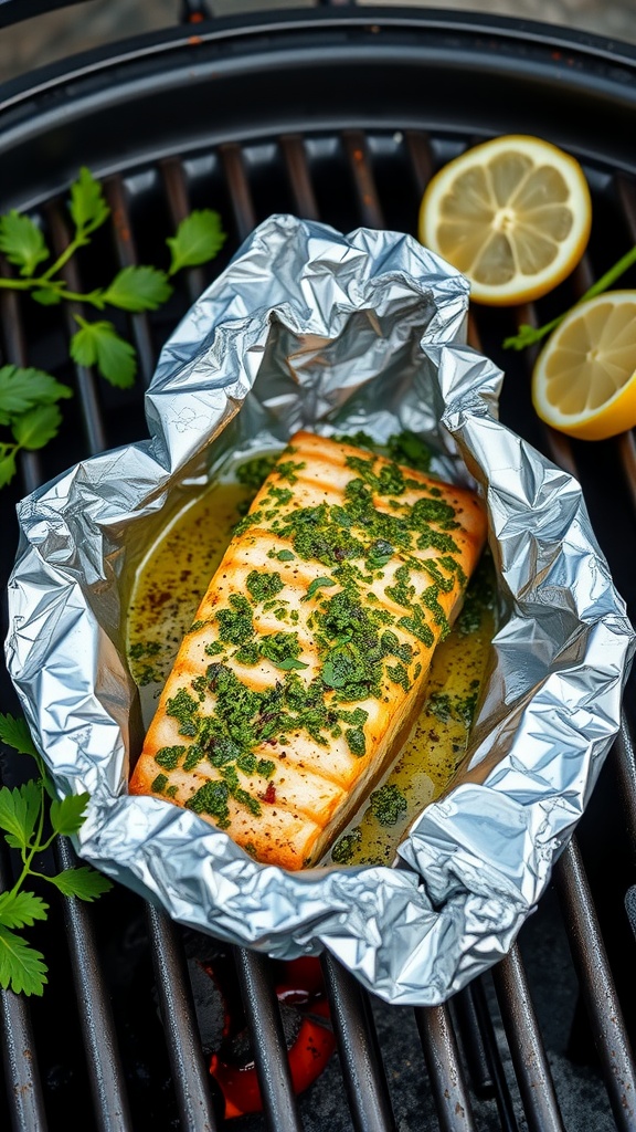 Pesto salmon in foil packets on a grill with lemon and herbs