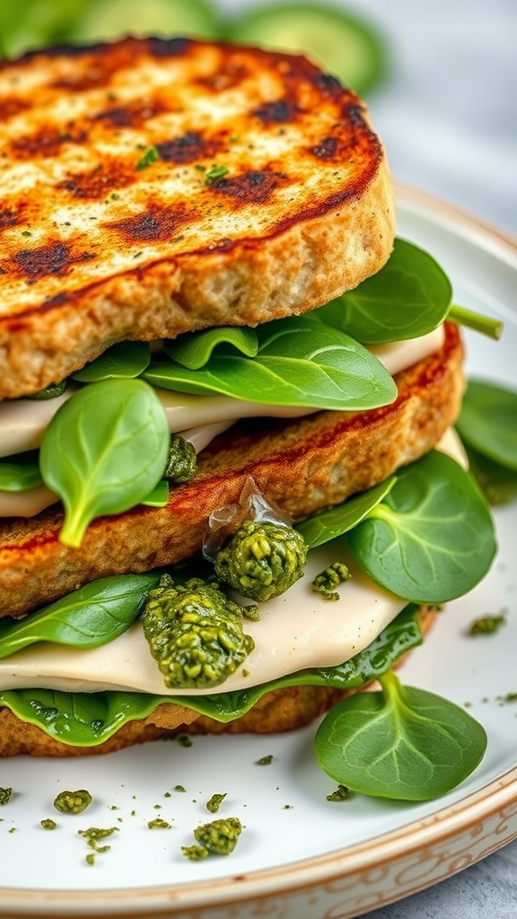 A delicious grilled sandwich with pesto, turkey, and spinach stacked high.