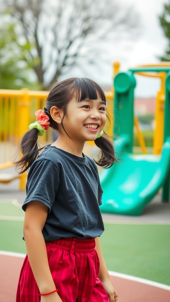 A girl with pigtails wearing colorful scrunchies, smiling at a playground.