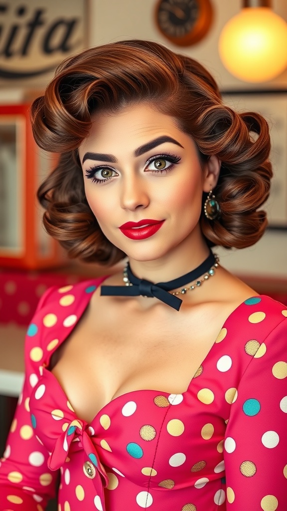 A woman with a pin-up roller set hairstyle, wearing a polka dot dress and bold red lipstick.