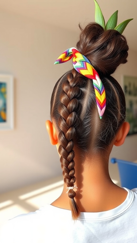 A person showing a pineapple braid hairstyle with a colorful scarf and a high bun on top.