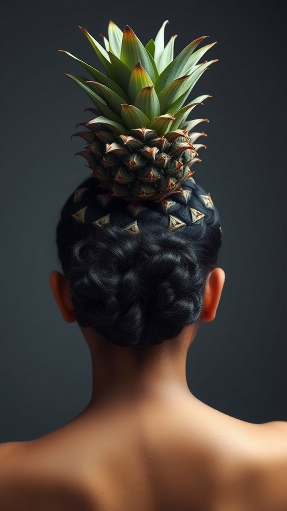 A woman showcasing a pineapple updo hairstyle with sleeked edges, featuring a bun on top and smooth sides.