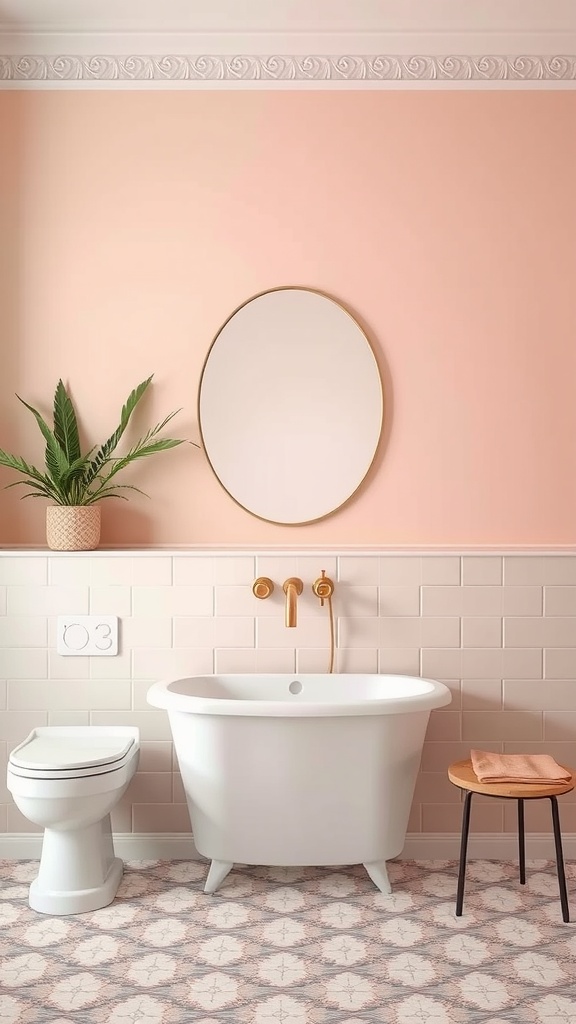 A stylish pink and green bathroom featuring a white bathtub, round mirror, gold fixtures, and a green plant.