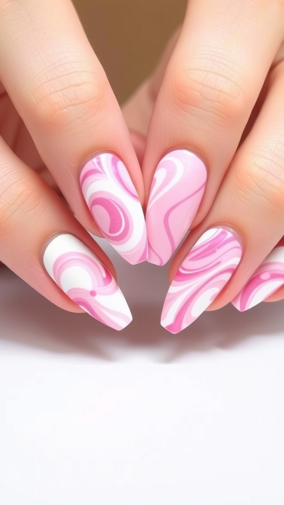 Nails painted with pink and white swirl designs on almond-shaped tips.