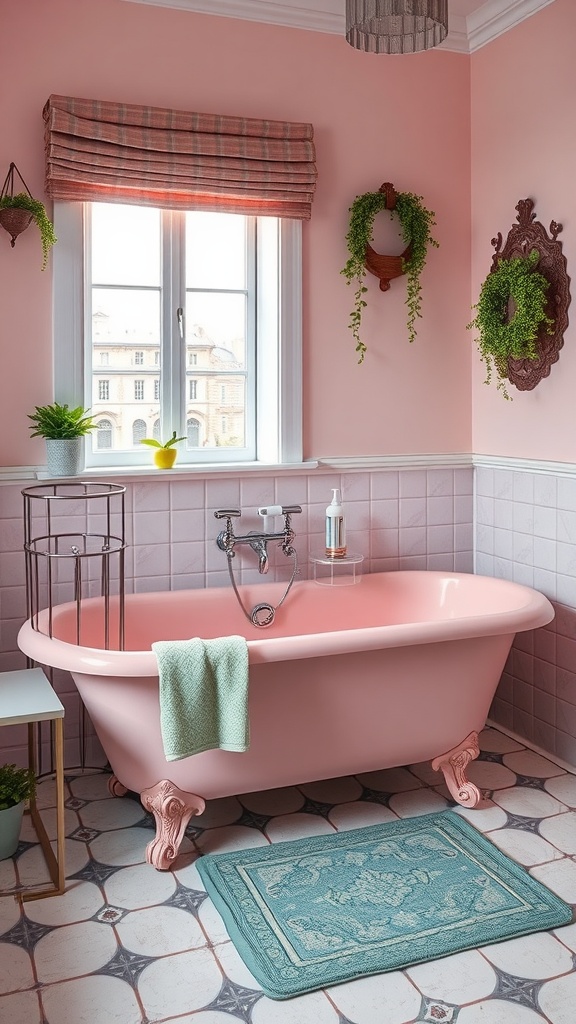 A pink bathtub with vintage charm featuring claw feet, surrounded by greenery and soft decor in a cozy bathroom setting.