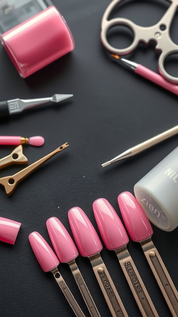 An arrangement of pink nail accessories including nail polish, tools, and practice nails on a dark surface.