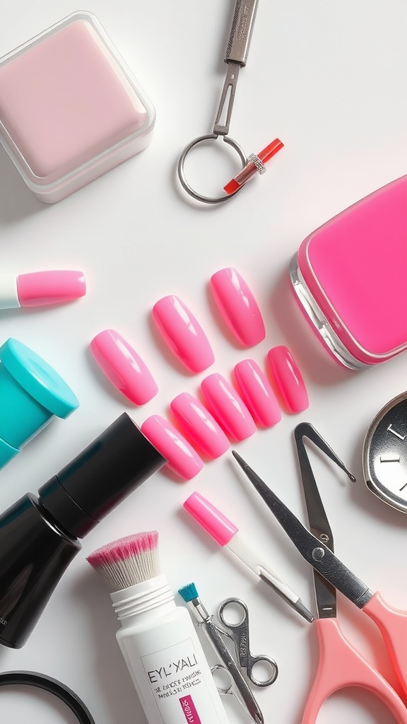 An assortment of nail care products including pink chrome nails, polish, and tools