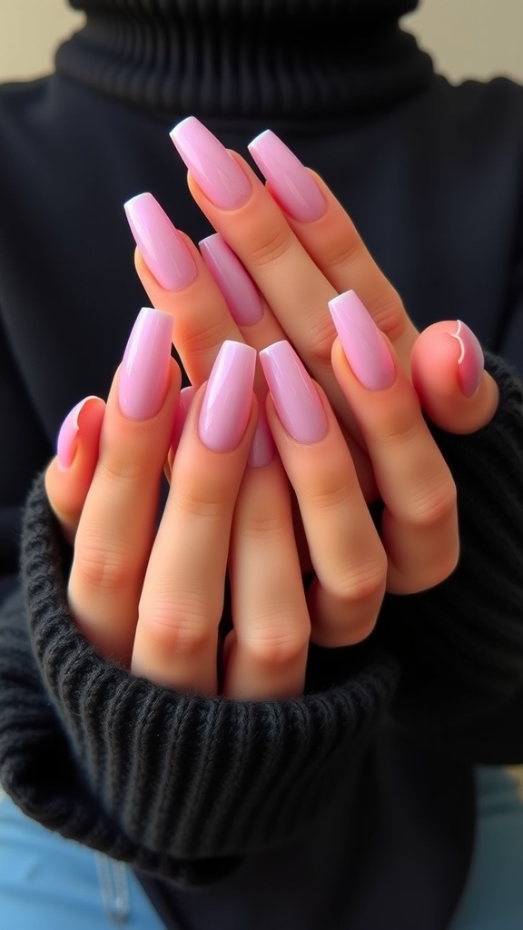 Close-up of long pink chrome nails held together with a black sweater