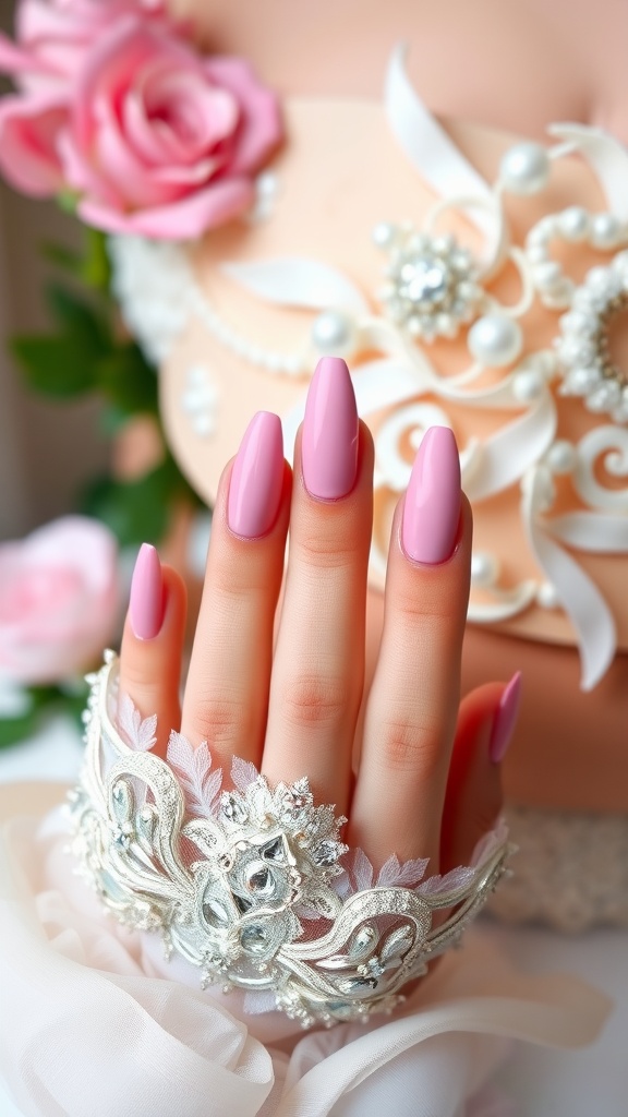 A close-up of hands with pink chrome nails adorned with a jeweled bracelet, set against a backdrop of floral decorations.