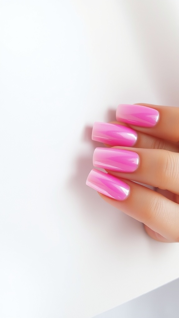 Nails with a pink chrome ombre effect