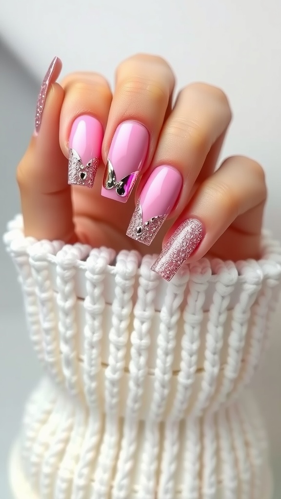 A hand with pink chrome square nails featuring glitter accents and butterfly designs