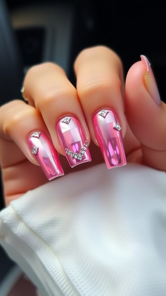 Close-up of pink chrome square nails embellished with rhinestones
