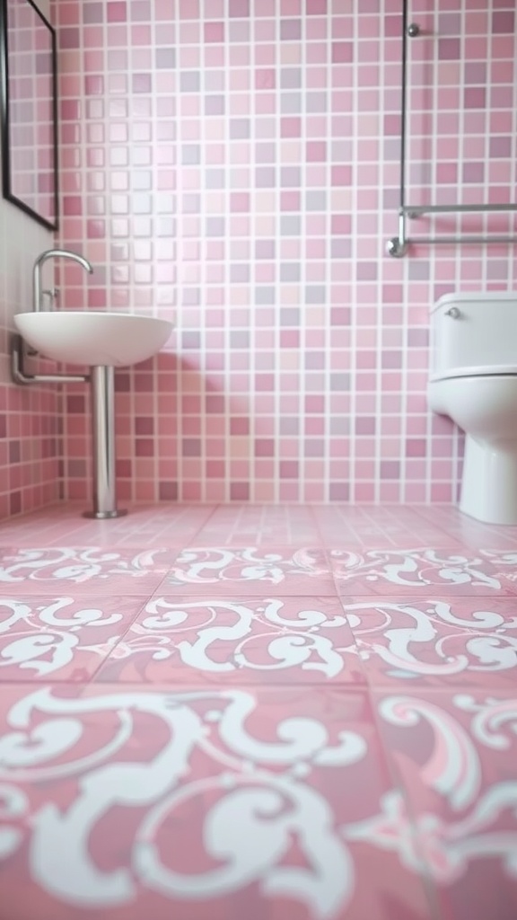 Pink mosaic tile flooring in a bathroom