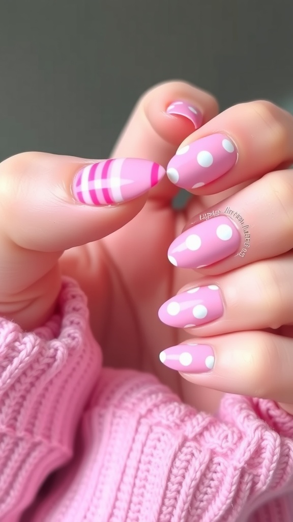 Nail design featuring pink stripes and white dots on almond-shaped nails