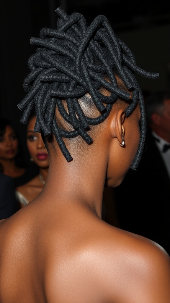 A stylish woman with pinned up short locs, showcasing a unique hairstyle.