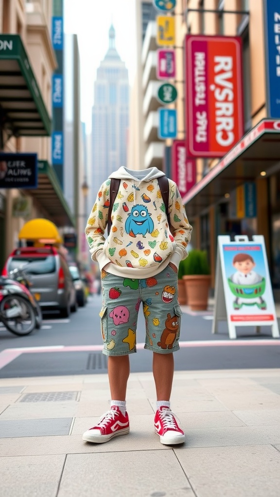A headless figure wearing a colorful Pixar-themed hoodie and shorts, standing on a city street.