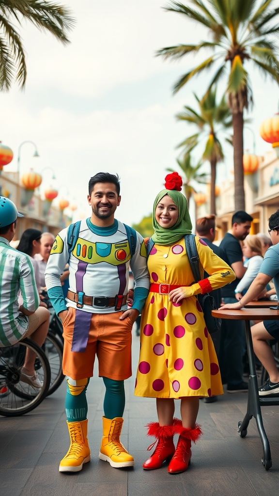 Couple dressed as Buzz Lightyear and a Pixar character in a polka-dotted dress at a lively outdoor event.