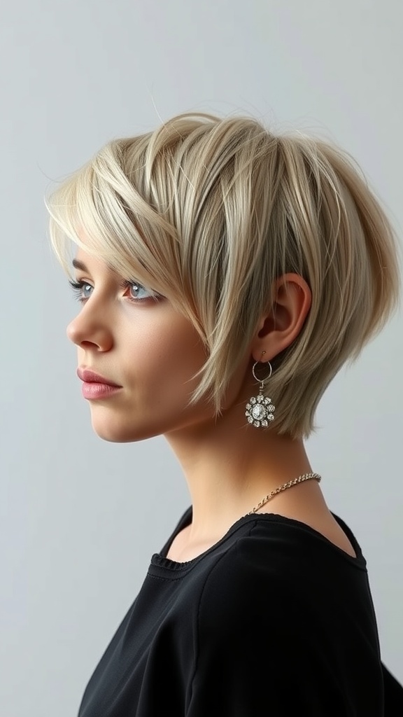 A woman with a layered pixie bob hairstyle, showcasing a soft blonde color and a stylish look.