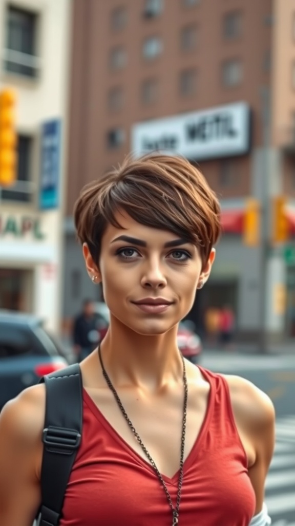 Woman with a stylish pixie cut, exuding confidence in an urban setting.