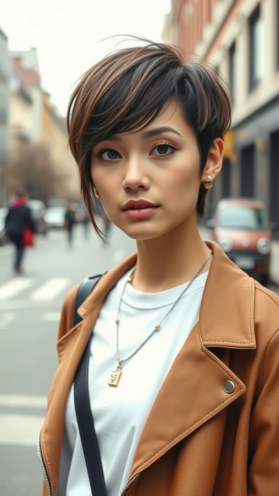 A person with a pixie cut featuring long bangs, wearing a brown jacket and a white shirt, standing on a city street.
