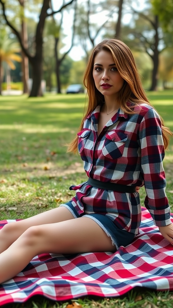 A woman in a plaid flannel shirt and high-waisted shorts sitting on a checkered blanket in a park.