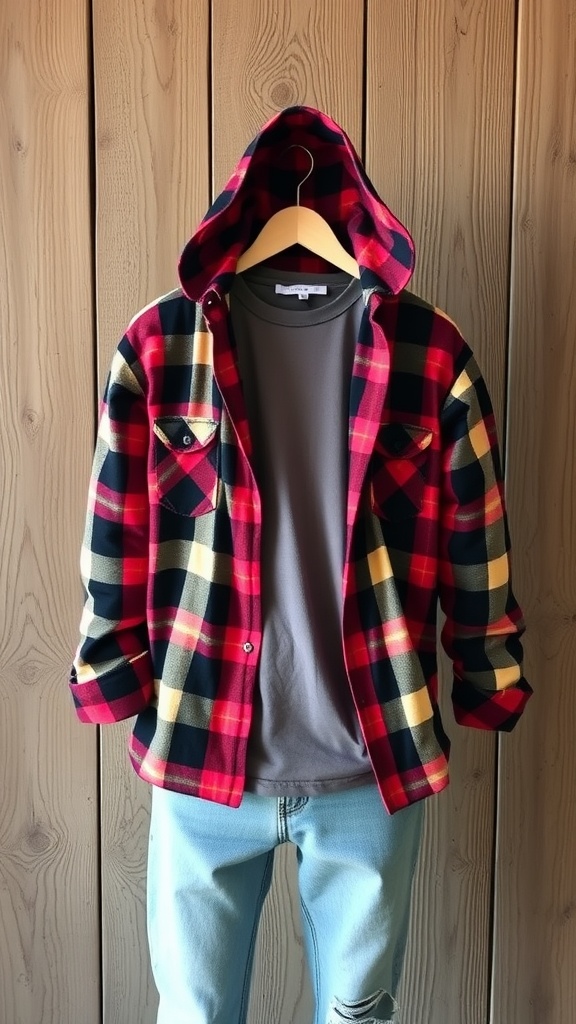 A plaid flannel shirt with a gray basic tee and light blue jeans, showcasing a casual school outfit.