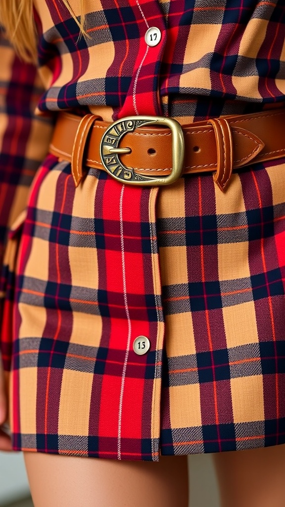 A close-up of a plaid mini skirt featuring a western-style belt.