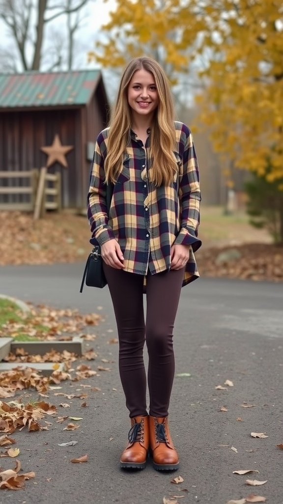 A woman in a plaid shirt and combat boots standing in a fall setting