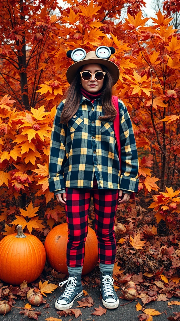 A person wearing a plaid shirt and checkered leggings in a vibrant autumn setting with pumpkins.