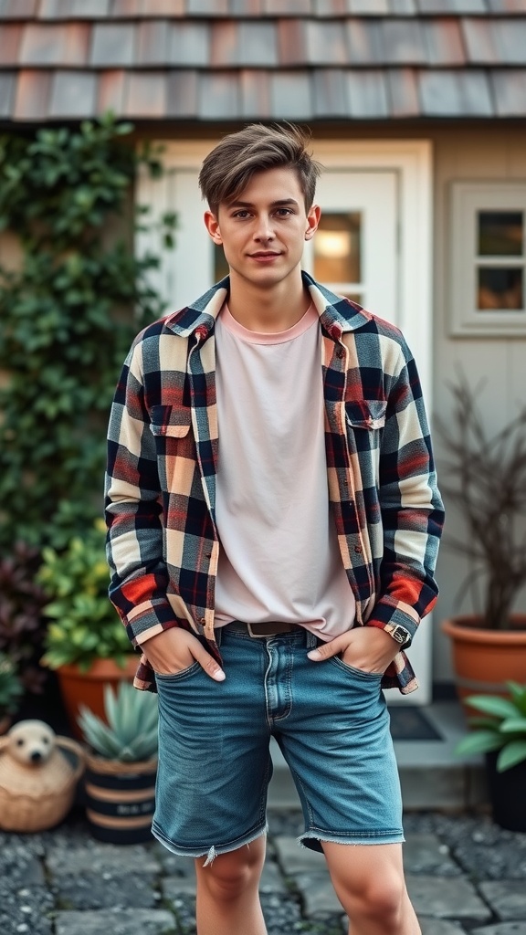 A young person wearing a plaid shacket over a simple tee, paired with denim shorts, standing in a garden setting.