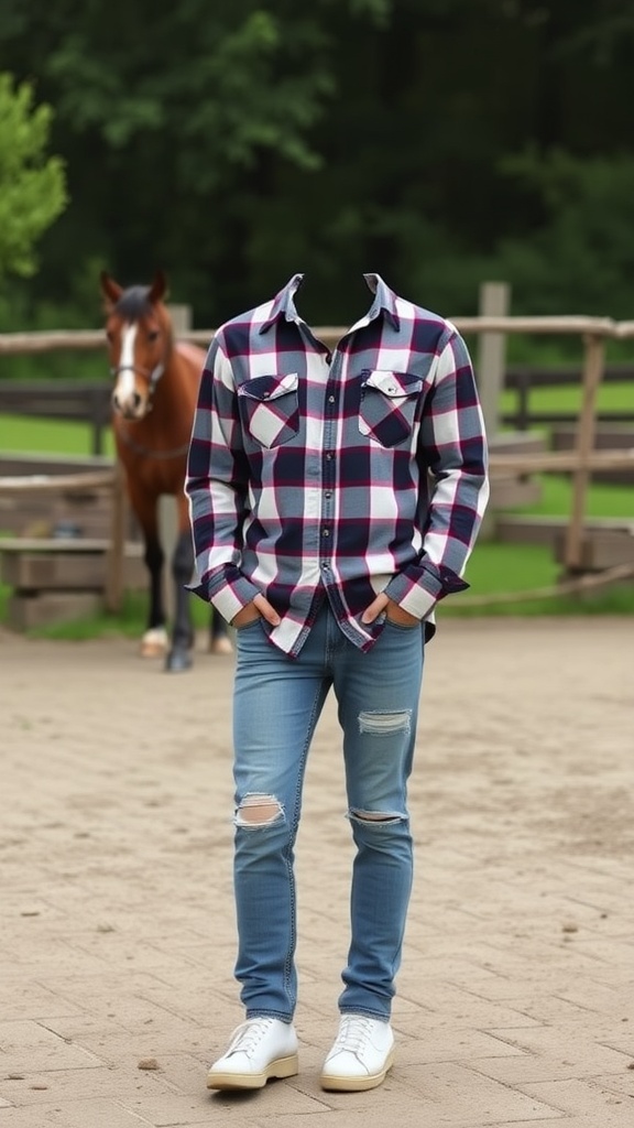 A casual outfit featuring a plaid shirt and distressed jeans, complemented by white sneakers, set against a natural backdrop.