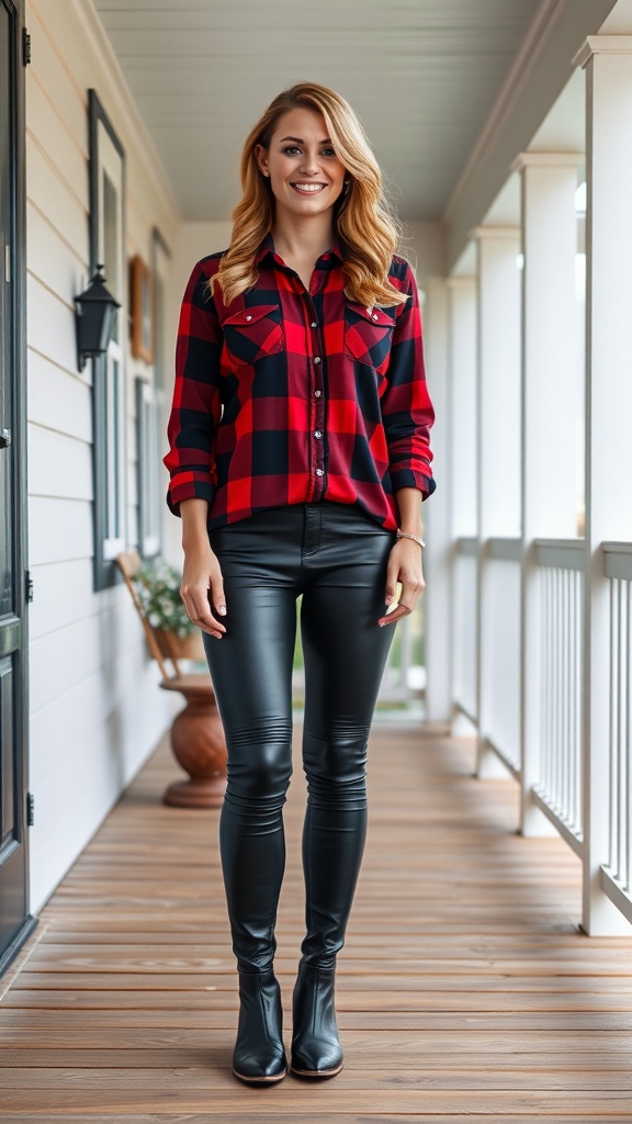 A woman wearing a red and black plaid shirt with leather leggings, standing on a porch.