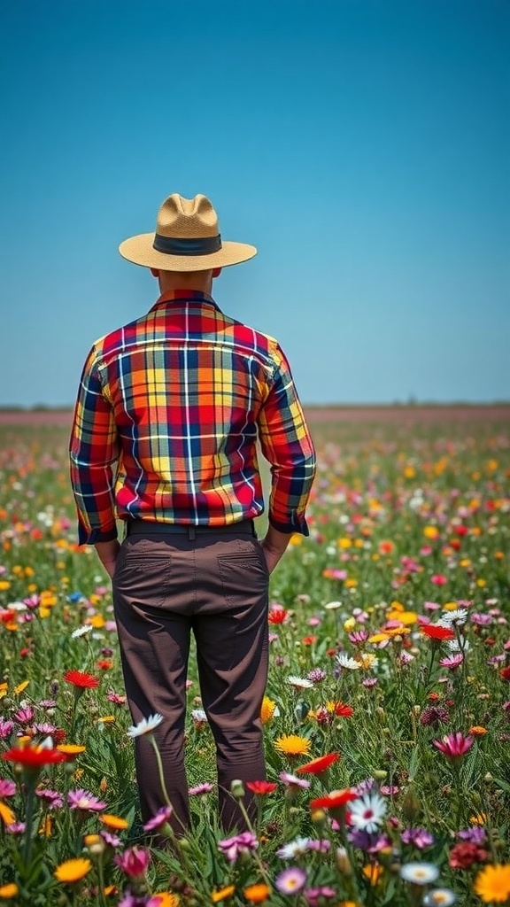 A person wearing a colorful plaid shirt and straight-leg trousers stands in a flower field, viewed from the back.